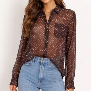 NWT J. Jill Brown Red Specks Print Sheer Button Down Blouse size L